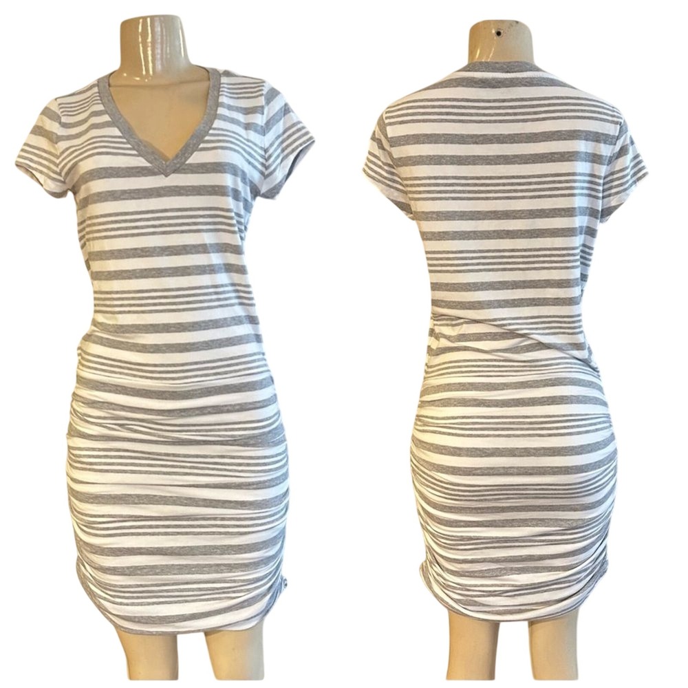 Athleta Topanga Ruched T-Shirt Dress Women S Grey White Striped V-Neck Short